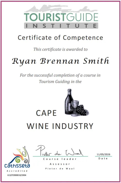 Our Story 3 Ryan Smith Tourist Guide Qualification Cape Wine Industry